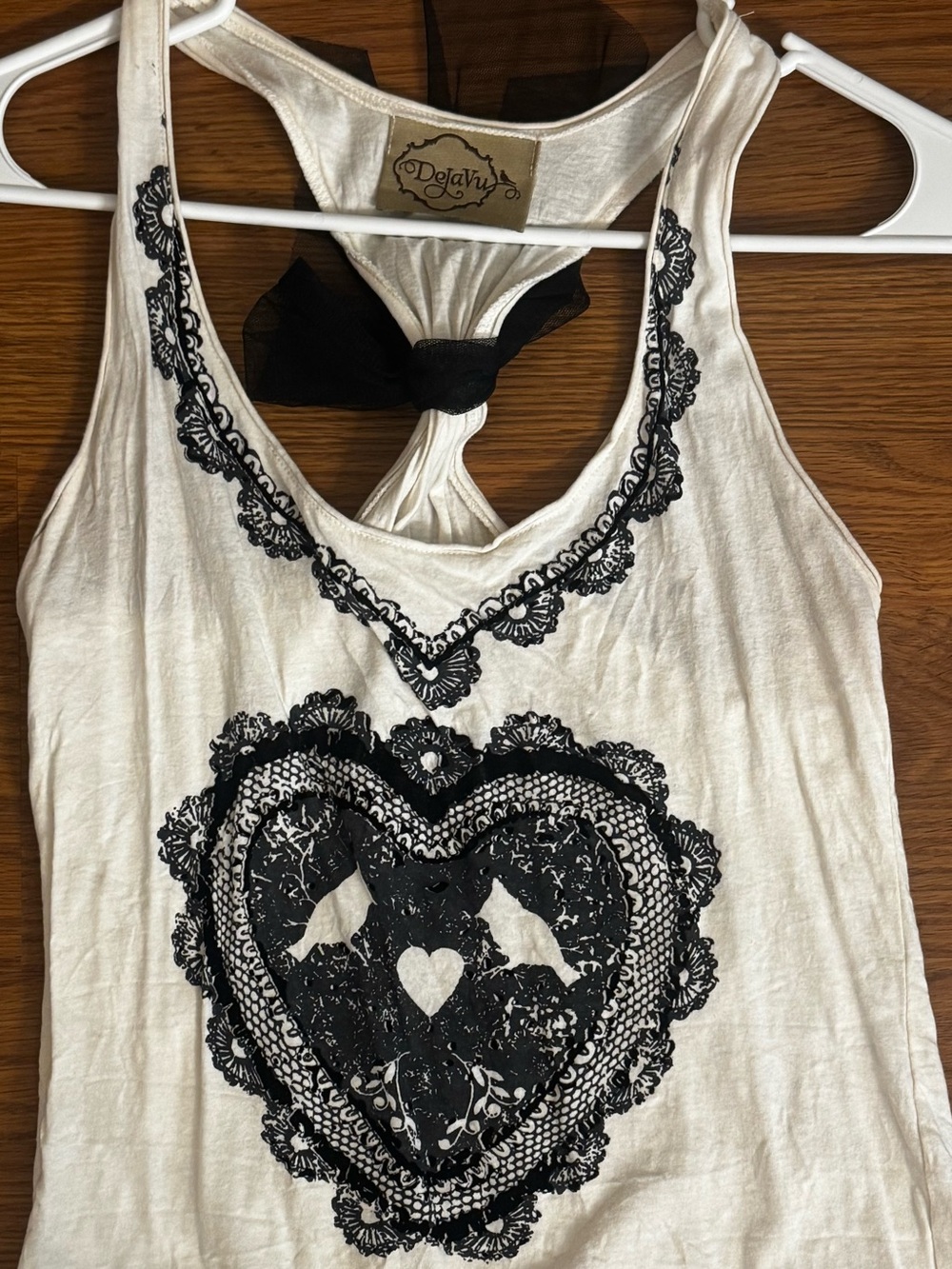 DejaVu White Racerback Tank Top with Black Heart Lace Print